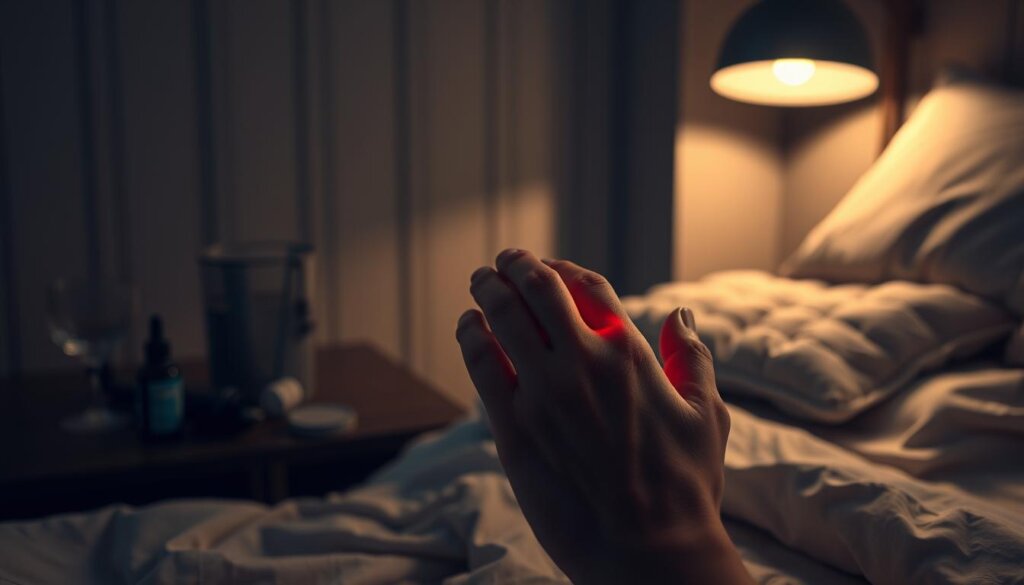 A dimly lit bedroom at night, with a bedside table featuring a glass of water, a bottle of pain medication, and a warm, comforting heating pad. In the foreground, a person's hand gently massaging their aching, swollen gum, illuminated by the soft glow of a lamp. The scene conveys a sense of relief and soothing comfort, providing effective methods to alleviate the intense nighttime tooth discomfort.