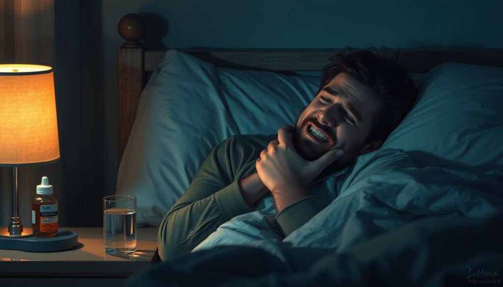 A dimly lit bedroom at night, with a person lying in bed, clutching their cheek in agony. The nightstand casts a soft, warm glow, illuminating a glass of water and a bottle of painkillers. The person's expression is one of discomfort, their face contorted with the pain of a throbbing, nocturnal toothache. The room is filled with a sense of unease and restlessness, capturing the experience of this common, yet distressing, dental condition.