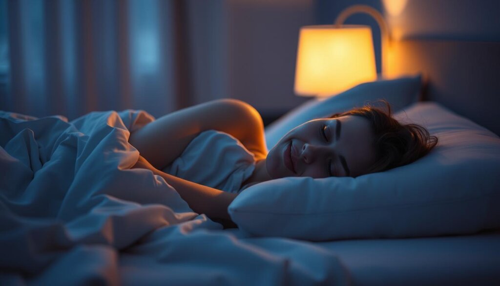 A dimly lit bedroom at night, with a person resting on their side in a comfortable sleeping position. The bedsheets are soft and inviting, creating a cozy atmosphere. In the foreground, the person's head is slightly elevated on a plush pillow, alleviating the pressure on their teeth and gums. The lighting is warm and gentle, casting a soothing glow on the scene. The background is slightly blurred, emphasizing the focus on the person's sleeping position and its impact on managing tooth pain. The overall composition conveys a sense of relaxation and relief, highlighting the importance of sleep position in addressing nighttime dental discomfort.