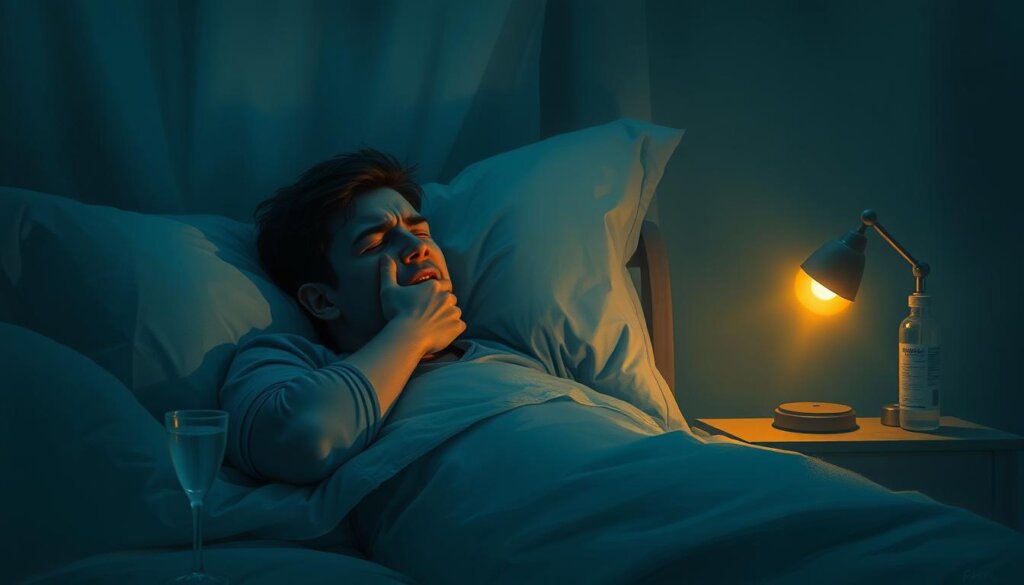 A dimly lit bedroom scene at night, with a person lying in bed, their face contorted in pain as they clutch their cheek. The surroundings are hazy, with a soft, bluish-grey tone casting a somber atmosphere. The bedside table is cluttered with a glass of water, a bottle of pain medication, and a small nightlight casting a warm, golden glow. The person's expression conveys a sense of discomfort and distress, highlighting the intensity of the toothache that plagues them in the darkness of the night.
