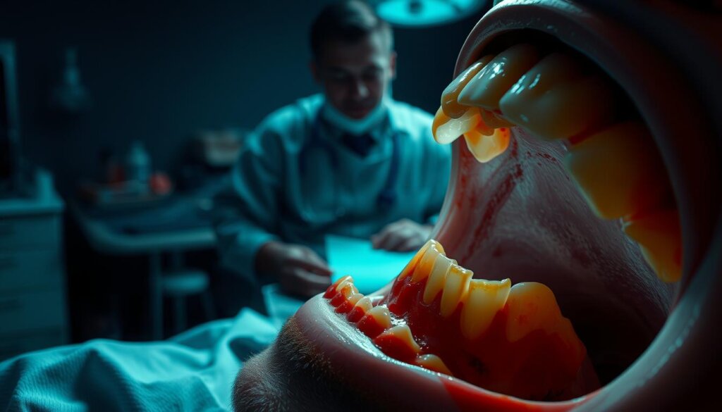 A dimly lit dental clinic at night, with a patient lying on an examination chair. The foreground features a close-up view of a person's open mouth, revealing a set of teeth in various stages of distress - some with visible cavities, others with inflamed gums, and a few with sensitive-looking roots. In the middle ground, a dentist or dental assistant stands over the patient, examining the mouth with a focused expression. The background is blurred, but suggests the clinical setting with medical equipment and supplies. The lighting is soft and moody, creating an atmosphere of discomfort and unease associated with nighttime tooth pain.
