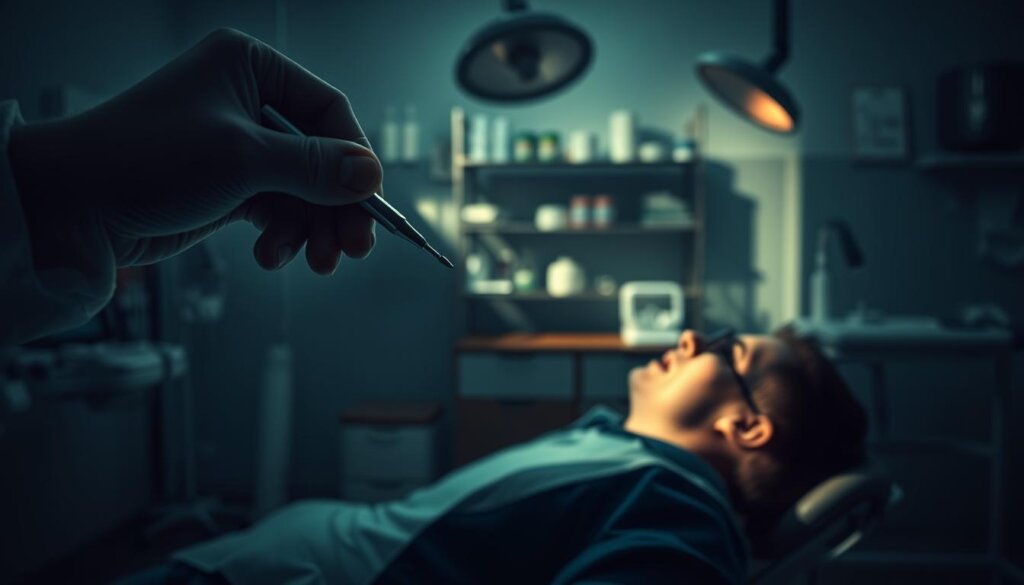A dimly lit dental clinic interior, with a patient reclining in the chair. In the foreground, a dentist's hand holding a dental tool hovers near the patient's open mouth, conveying a sense of unease. In the middle ground, shelves of medical supplies and equipment loom, casting long shadows across the scene. The background is slightly blurred, hinting at the potential consequences of neglecting regular dental check-ups - cavities, gum disease, and other oral health issues. The overall atmosphere is tense, with a muted color palette and dramatic lighting to heighten the sense of importance and urgency surrounding the scene.