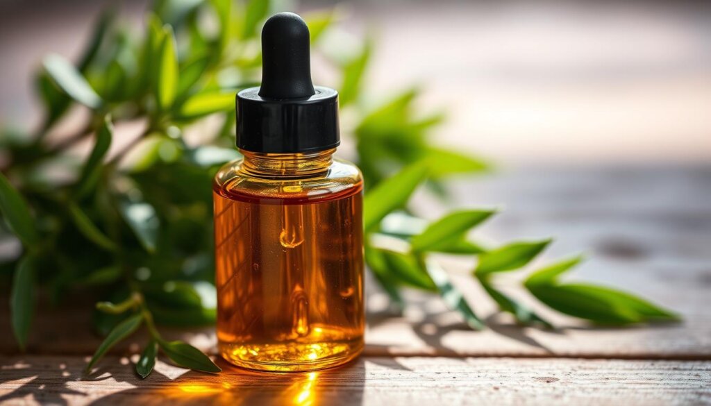 A glass bottle filled with amber-colored clove oil, with a dropper cap, resting on a wooden surface. The bottle is illuminated by soft, natural lighting, casting gentle shadows. In the background, a green leafy plant or herb creates a soothing, botanical atmosphere. The composition emphasizes the medicinal and natural properties of the clove oil, conveying its potential as a holistic remedy for tooth pain relief.