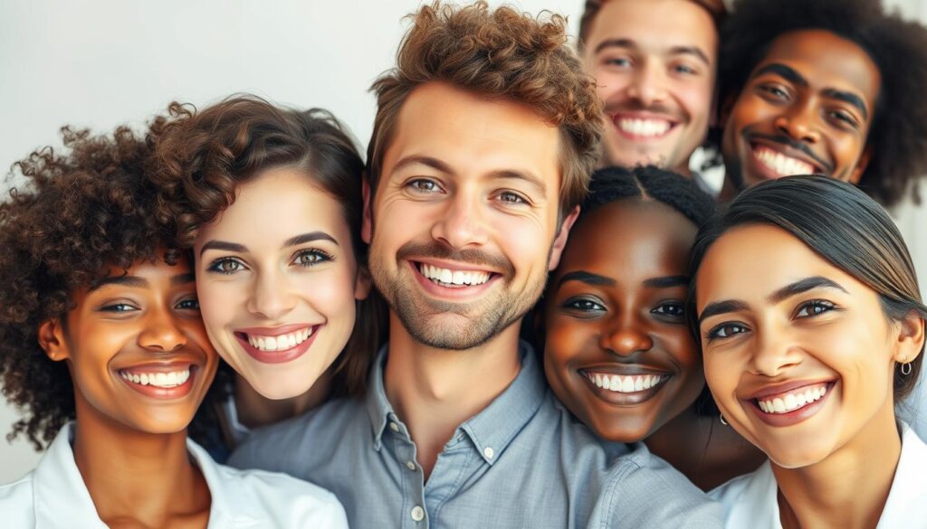 A group of diverse individuals with healthy, well-maintained teeth, smiling confidently against a clean, brightly lit background. The subjects are shown in a neutral, three-quarter view, allowing their dental features to be clearly visible. The lighting is warm and natural, accentuating the texture and sheen of their teeth. The composition is balanced, with the subjects occupying the central focal point. The overall mood is professional and inviting, conveying the idea of being a good candidate for tooth-colored fillings.