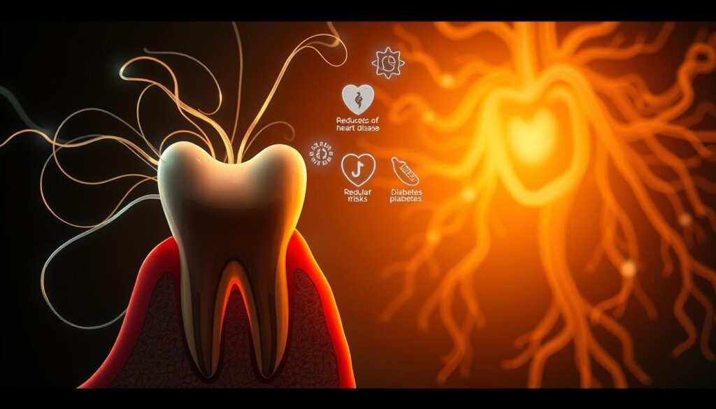 A high-contrast, cinematic illustration depicting the intricate connection between oral health and overall wellbeing. In the foreground, a detailed cross-section of a human tooth, its roots anchored in healthy gums. Surrounding it, wispy tendrils symbolize the circulatory system, carrying the benefits of regular flossing to the heart and other vital organs. In the middle ground, glowing icons represent reduced risks of heart disease and diabetes, while the background showcases a subtly pulsing network of veins and arteries, underscoring the systemic impact of good dental hygiene. Warm lighting casts a contemplative, almost mystical atmosphere, inviting the viewer to appreciate the profound, holistic advantages of a simple daily habit.