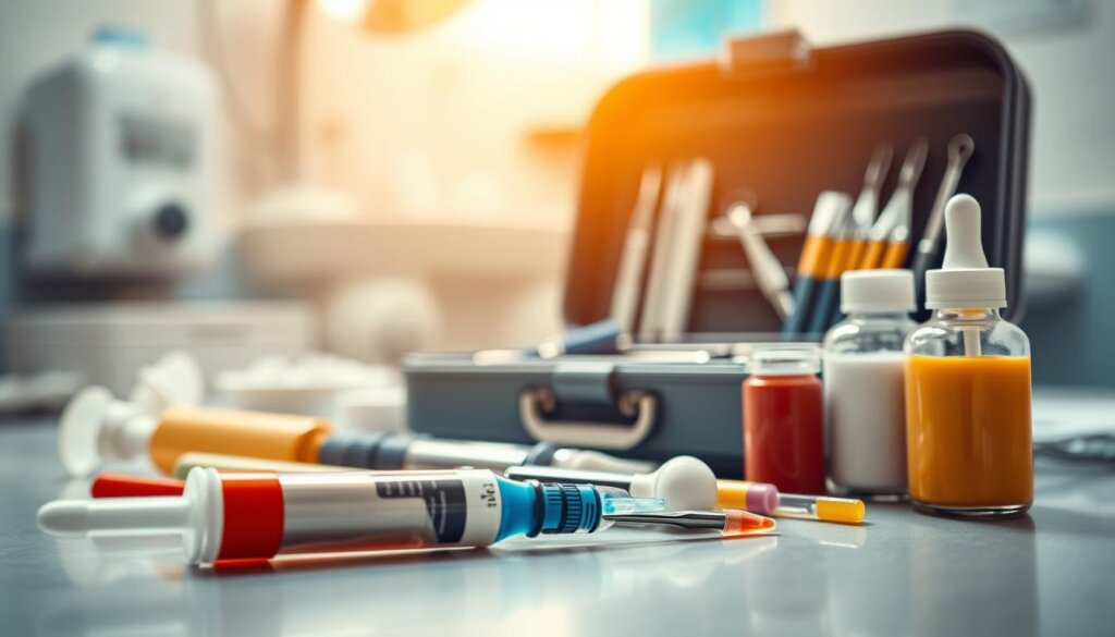 A high-resolution, detailed photograph of a composite dental filling materials composition. Arranged in the foreground, a selection of composite resin filling components, including a syringe, curing light, and various shades of composite resin. In the middle ground, a partially open dental tool kit, showcasing additional instruments used in the application of composite fillings. The background features a soft, blurred clinical setting, with clean, sterile medical equipment visible. Warm, natural lighting illuminates the scene, casting subtle shadows and highlights to accentuate the textures and details of the materials. Captured with a macro lens to emphasize the intricate structure and composition of the dental filling components.