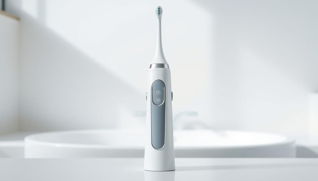 A high-resolution, highly detailed, realistic rendering of a modern, sleek, white water flosser device against a clean, minimalist background. The flosser is displayed in the foreground, prominently showcasing its ergonomic design and intuitive controls. The middle ground features a soft, blurred backdrop of bathroom tiles or a sink, subtly suggesting the device's intended usage environment. The lighting is natural and diffused, creating a crisp, well-lit scene that emphasizes the flosser's functionality and efficacy. The overall composition is balanced, with the flosser occupying a central position to capture the viewer's attention and convey the product's effectiveness in oral hygiene.