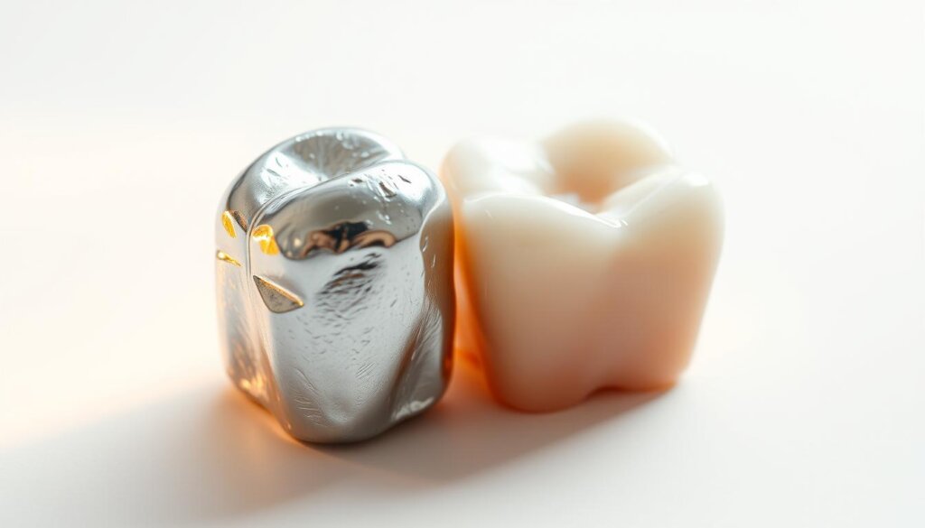 A highly detailed, glossy close-up shot of two composite dental fillings, one metallic amalgam and one tooth-colored resin, placed side-by-side against a crisp white background. The fillings are illuminated from the left with a warm, softly diffused light, casting subtle shadows that accentuate their contours and materials. The scene is captured with a shallow depth of field, allowing the fillings to stand out in sharp focus while the background fades into a smooth, featureless blur. The overall composition and lighting aim to highlight the aesthetic qualities and visual contrast between the two filling types.