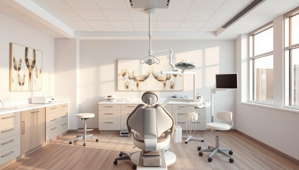 A highly detailed, photorealistic image of a dental office interior, with a bright and airy ambiance. The foreground features a dental exam chair in the center, with a modern and sleek design. The middle ground showcases various dental equipment and instruments neatly arranged on a clean, white counter. The background depicts a soothing, neutral-toned wall with abstract artwork, creating a calming and professional atmosphere. The lighting is soft and even, with a touch of natural sunlight filtering in through large windows, illuminating the entire scene. The image conveys a sense of clinical precision and patient-centric care, reflecting the average cost of dental exams in the United States.