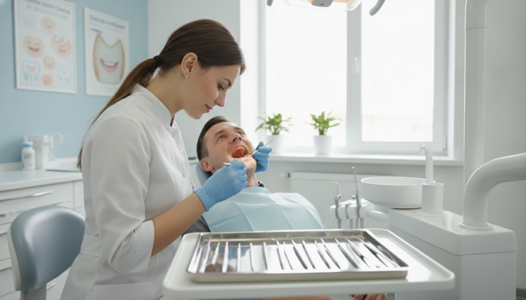 A modern dental clinic setting focusing on dental care after tooth repair. In the foreground, a dentist in professional attire, wearing a white coat and gloves, gently examining a patient's repaired tooth with a dental mirror, showcasing attention to detail. The middle ground features dental tools and instruments on a sterile tray, emphasizing the professionalism of the environment. The background shows a well-lit, clean dental office with posters about dental health care on the walls and a calming color scheme of soft blues and whites. Natural light pours in through a large window, creating a serene and hopeful atmosphere. The image captures the importance of regular dental check-ups and the care involved in preventing future dental issues. A modern dental clinic setting focusing on dental care after tooth repair. In the foreground, a dentist in professional attire, wearing a white coat and gloves, gently examining a patient's repaired tooth with a dental mirror, showcasing attention to detail. The middle ground features dental tools and instruments on a sterile tray, emphasizing the professionalism of the environment. The background shows a well-lit, clean dental office with posters about dental health care on the walls and a calming color scheme of soft blues and whites. Natural light pours in through a large window, creating a serene and hopeful atmosphere. The image captures the importance of regular dental check-ups and the care involved in preventing future dental issues.