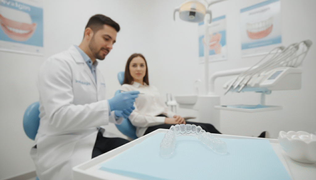 A modern dental clinic with a clean, professional atmosphere showcasing an Invisalign treatment overview. In the foreground, a transparent Invisalign aligner is displayed on a dental model, highlighting its fit over teeth. The middle ground features a confident dental professional, dressed in a crisp white coat, attentively explaining the treatment to a patient who is sitting comfortably in a dental chair, both focused on the aligner. The background includes dental tools and informative posters about Invisalign on the walls, creating an educational ambiance. Soft, natural lighting illuminates the scene, casting gentle shadows that enhance the serene mood. The angle captures the interaction between the dentist and patient, emphasizing the personalized approach of Invisalign treatment. A modern dental clinic with a clean, professional atmosphere showcasing an Invisalign treatment overview. In the foreground, a transparent Invisalign aligner is displayed on a dental model, highlighting its fit over teeth. The middle ground features a confident dental professional, dressed in a crisp white coat, attentively explaining the treatment to a patient who is sitting comfortably in a dental chair, both focused on the aligner. The background includes dental tools and informative posters about Invisalign on the walls, creating an educational ambiance. Soft, natural lighting illuminates the scene, casting gentle shadows that enhance the serene mood. The angle captures the interaction between the dentist and patient, emphasizing the personalized approach of Invisalign treatment.
