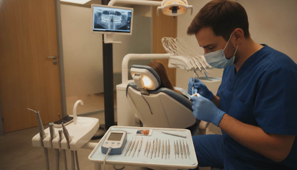 A modern dental office with a focus on endodontic treatment. In the foreground, a dentist in professional attire, wearing a mask and gloves, is carefully examining a broken tooth with a dental mirror and explorer. The middle ground showcases an illuminated dental chair, with essential endodontic instruments neatly arranged on a tray, including an apex locator and root canal files. The background features a high-tech dental X-ray machine displaying images of the tooth's condition on a screen, with soft, warm lighting creating a calming atmosphere. The composition emphasizes the intricate details of the dental instruments and the dentist's focused expression, conveying a sense of professionalism and care within the realm of dental treatment. A modern dental office with a focus on endodontic treatment. In the foreground, a dentist in professional attire, wearing a mask and gloves, is carefully examining a broken tooth with a dental mirror and explorer. The middle ground showcases an illuminated dental chair, with essential endodontic instruments neatly arranged on a tray, including an apex locator and root canal files. The background features a high-tech dental X-ray machine displaying images of the tooth's condition on a screen, with soft, warm lighting creating a calming atmosphere. The composition emphasizes the intricate details of the dental instruments and the dentist's focused expression, conveying a sense of professionalism and care within the realm of dental treatment.