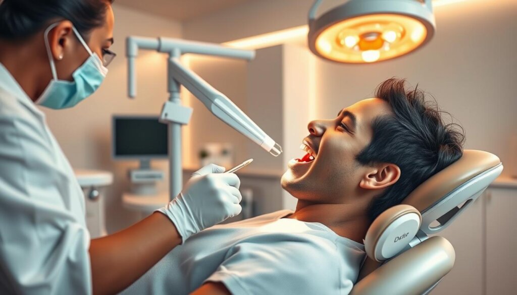 A modern, well-equipped dental office with a serene, calming atmosphere. In the foreground, a patient reclining comfortably in a state-of-the-art dental chair, their mouth open as a dentist meticulously examines their teeth using advanced diagnostic tools. Bright, indirect lighting illuminates the scene, casting a warm, soothing glow. The background features clean, minimalist decor, with sleek, ergonomic dental equipment neatly arranged. The overall impression is one of professionalism, precision, and a commitment to patient comfort and care.