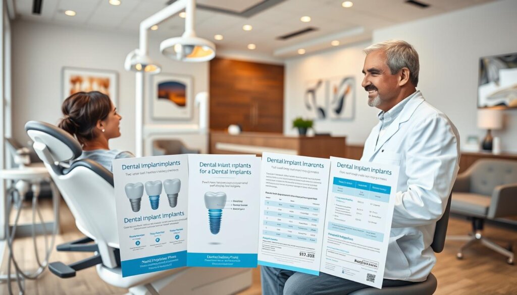 A modern, well-lit dental office interior with an ergonomic dental chair and equipment. In the foreground, a friendly dentist is consulting with a patient, discussing treatment options and financing plans for dental implants. The middle ground features informative brochures and flyers on dental implant costs and payment plans. In the background, a clean, professional reception area with comfortable seating and a receptionist's desk. The overall atmosphere conveys a sense of trust, expertise, and financial transparency in providing high-quality dental implant solutions.