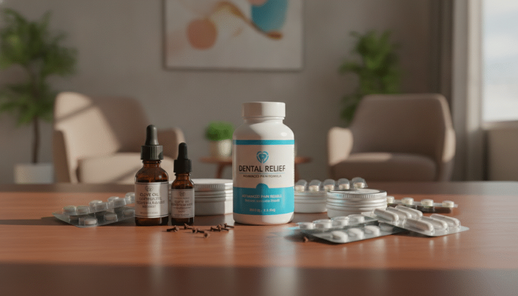 A neatly arranged assortment of dental pain medications displayed on a wooden table. In the foreground, focus on a bottle of over-the-counter pain relievers prominently labeled for dental discomfort, surrounded by various blister packs and small containers of natural remedies like clove oil. In the middle ground, soft natural light highlights the products, casting gentle shadows that add depth. The background features a blurred dental office scene with a comfortable waiting area, suggesting a calm atmosphere. The overall mood is informative and soothing, designed to convey relief and accessibility. The angle captures the items at a slight tilt to create a dynamic composition, inviting viewers to explore their options for alleviating broken tooth pain. A neatly arranged assortment of dental pain medications displayed on a wooden table. In the foreground, focus on a bottle of over-the-counter pain relievers prominently labeled for dental discomfort, surrounded by various blister packs and small containers of natural remedies like clove oil. In the middle ground, soft natural light highlights the products, casting gentle shadows that add depth. The background features a blurred dental office scene with a comfortable waiting area, suggesting a calm atmosphere. The overall mood is informative and soothing, designed to convey relief and accessibility. The angle captures the items at a slight tilt to create a dynamic composition, inviting viewers to explore their options for alleviating broken tooth pain.
