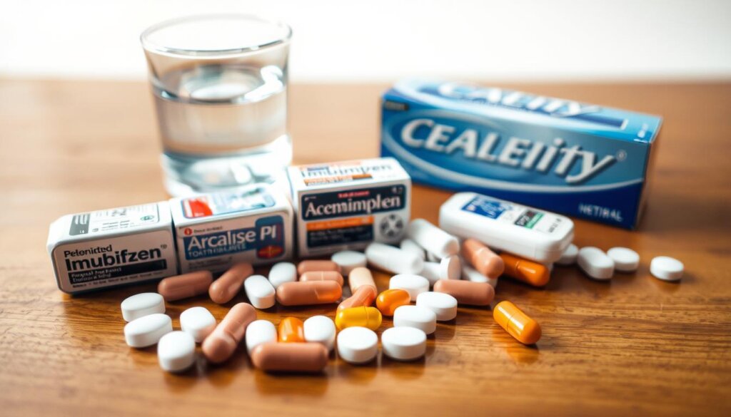 A neatly arranged collection of over-the-counter pain relievers on a warm, wooden tabletop. In the foreground, various tablets and capsules in different shapes and colors, such as ibuprofen, acetaminophen, and aspirin. Behind them, a glass of water and a box of dental floss, creating a soothing, natural atmosphere. The lighting is soft and diffused, highlighting the textures and details of the medications. The overall scene conveys a sense of simple, effective solutions for temporary toothache relief.