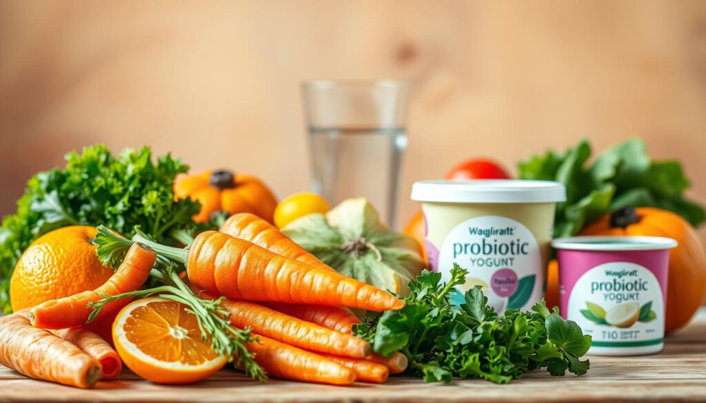 A nourishing still life showcasing a balanced diet for optimal oral health. In the foreground, an assortment of crisp, colorful fruits and vegetables - vibrant oranges, crunchy carrots, leafy greens - arranged in a visually appealing composition. In the middle ground, a glass of refreshing water and a container of probiotic-rich yogurt. In the background, a subtle backdrop of warm, natural lighting that enhances the earthy tones and textures. The overall scene exudes a sense of wellness, balance, and the importance of incorporating nutrient-dense foods into one's daily routine for maintaining a healthy mouth and smile.