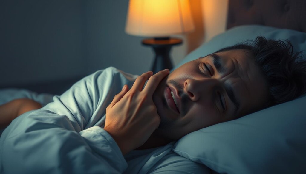 A person lying in bed, clutching their cheek in pain as they attempt to sleep. The room is dimly lit, with a soft, warm glow from a bedside lamp casting gentle shadows across the face. The person's expression is one of discomfort, their brow furrowed and lips slightly parted. The background is hazy, with muted colors and a sense of stillness, emphasizing the individual's struggle with the persistent tooth pain that keeps them awake at night. The scene conveys the frustration and helplessness often experienced when dealing with this common, yet disruptive, dental issue.