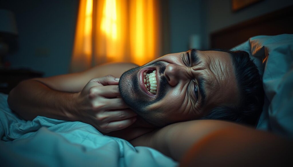 A person lying on their side in bed, grimacing in pain as they hold their jaw. The room is dimly lit, with soft, warm lighting filtering in through the curtains. The bedding is crumpled, and the person's expression conveys a sense of discomfort and restlessness. The camera angle is low, capturing the person's face and upper body in a close-up view, emphasizing the intensity of the pain. The background is blurred, creating a sense of focus on the individual's experience.