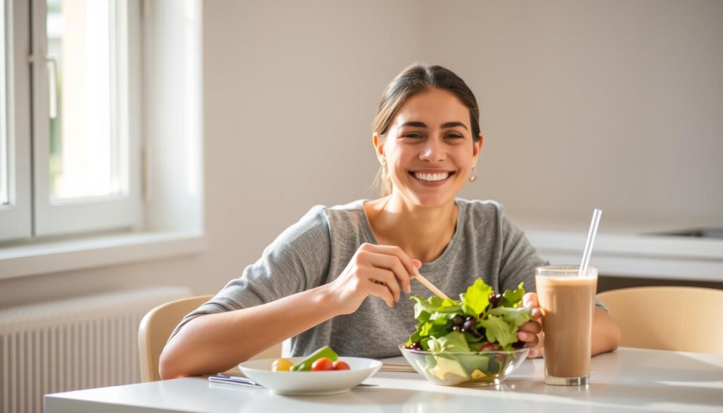 A person sitting at a table, enjoying a light, healthy meal shortly after a dental cleaning. The scene is well-lit, with soft, natural lighting filtering in through a nearby window. The person's expression is relaxed and content, as they savor a salad or a smoothie, being mindful of any sensitivity or discomfort from the recent dental procedure. The table is set with simple, minimalist tableware, allowing the focus to remain on the person and their post-cleaning repast. The background is slightly blurred, creating a sense of calm and tranquility, emphasizing the importance of taking it easy and being gentle with oneself in the immediate aftermath of a dental cleaning.