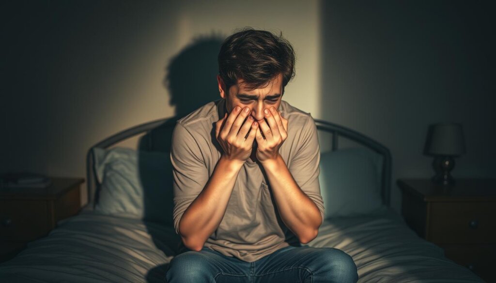 A person sitting on a bed, their hands clutching their jaw in anguish, as they struggle to cope with the throbbing pain of a toothache. The bedroom is dimly lit, casting long shadows that accentuate the individual's distress. The atmosphere is tense, with a sense of isolation and the weight of the discomfort. The subject's expression conveys a mixture of discomfort, worry, and a desperate need for relief. The image should evoke a palpable sense of the psychological burden of dental pain, capturing the silent, private battle against this type of discomfort.