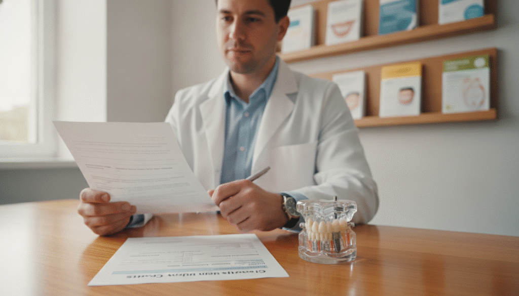 A professional dental office setting, focusing on a dental insurance representation for coverage of implants. In the foreground, a dental claim form and a dental implant model are displayed prominently on a polished wooden desk. The middle ground features a dentist, dressed in a white coat and a business casual attire, reviewing the claim with a thoughtful expression. In the background, a well-organized shelf holds dental brochures and informational materials about insurance options. Soft, natural lighting filters through a window, creating a calm and informative atmosphere. The scene captures the role of dental insurance in covering implants, emphasizing professionalism and support. Shot with a moderate focal length lens to create a warm and engaging depth. A professional dental office setting, focusing on a dental insurance representation for coverage of implants. In the foreground, a dental claim form and a dental implant model are displayed prominently on a polished wooden desk. The middle ground features a dentist, dressed in a white coat and a business casual attire, reviewing the claim with a thoughtful expression. In the background, a well-organized shelf holds dental brochures and informational materials about insurance options. Soft, natural lighting filters through a window, creating a calm and informative atmosphere. The scene captures the role of dental insurance in covering implants, emphasizing professionalism and support. Shot with a moderate focal length lens to create a warm and engaging depth.