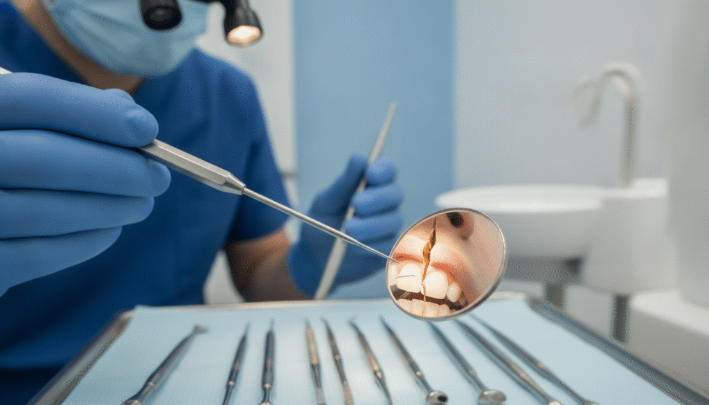 A professional dental setting showcasing a close-up view of a patient's mouth with a cracked tooth in focus. The foreground features the intricate details of the cracked enamel and the dental tools being used for treatment, such as a dental mirror and explorer. In the middle ground, a dentist in professional attire, wearing gloves and a mask, gently examines the tooth while holding a light source to provide illumination, casting soft, warm lighting that highlights the tooth's condition. The background includes dental equipment and a soothing, sterile environment, with muted colors that convey a calm and professional atmosphere. The overall mood is informative and reassuring, aiming to educate viewers about cracked tooth treatment. A professional dental setting showcasing a close-up view of a patient's mouth with a cracked tooth in focus. The foreground features the intricate details of the cracked enamel and the dental tools being used for treatment, such as a dental mirror and explorer. In the middle ground, a dentist in professional attire, wearing gloves and a mask, gently examines the tooth while holding a light source to provide illumination, casting soft, warm lighting that highlights the tooth's condition. The background includes dental equipment and a soothing, sterile environment, with muted colors that convey a calm and professional atmosphere. The overall mood is informative and reassuring, aiming to educate viewers about cracked tooth treatment.