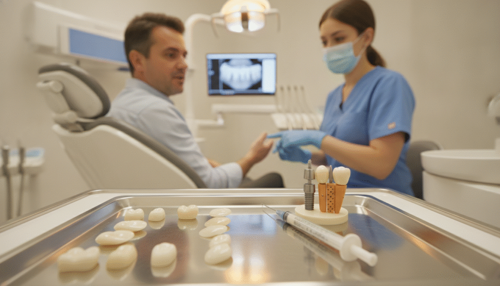 A professional dental setting showcasing various tooth repair options. In the foreground, highlight a well-organized dental tray featuring dental crowns, veneers, bonding materials, and a dental implant model. The middle ground shows a dentist, dressed in professional scrubs, demonstrating the repair options to a patient seated in a dental chair. The patient appears engaged and inquisitive, offering a sense of collaboration in their dental care. In the background, soft focused dental equipment and bright, warm lighting create a welcoming atmosphere. Capture a close-up angle emphasizing the details of the tools and materials, ensuring clarity and focus on the textures and features of tooth repair options. The overall mood is educational and reassuring, emphasizing the effectiveness and aesthetics of modern dental repair solutions. A professional dental setting showcasing various tooth repair options. In the foreground, highlight a well-organized dental tray featuring dental crowns, veneers, bonding materials, and a dental implant model. The middle ground shows a dentist, dressed in professional scrubs, demonstrating the repair options to a patient seated in a dental chair. The patient appears engaged and inquisitive, offering a sense of collaboration in their dental care. In the background, soft focused dental equipment and bright, warm lighting create a welcoming atmosphere. Capture a close-up angle emphasizing the details of the tools and materials, ensuring clarity and focus on the textures and features of tooth repair options. The overall mood is educational and reassuring, emphasizing the effectiveness and aesthetics of modern dental repair solutions.