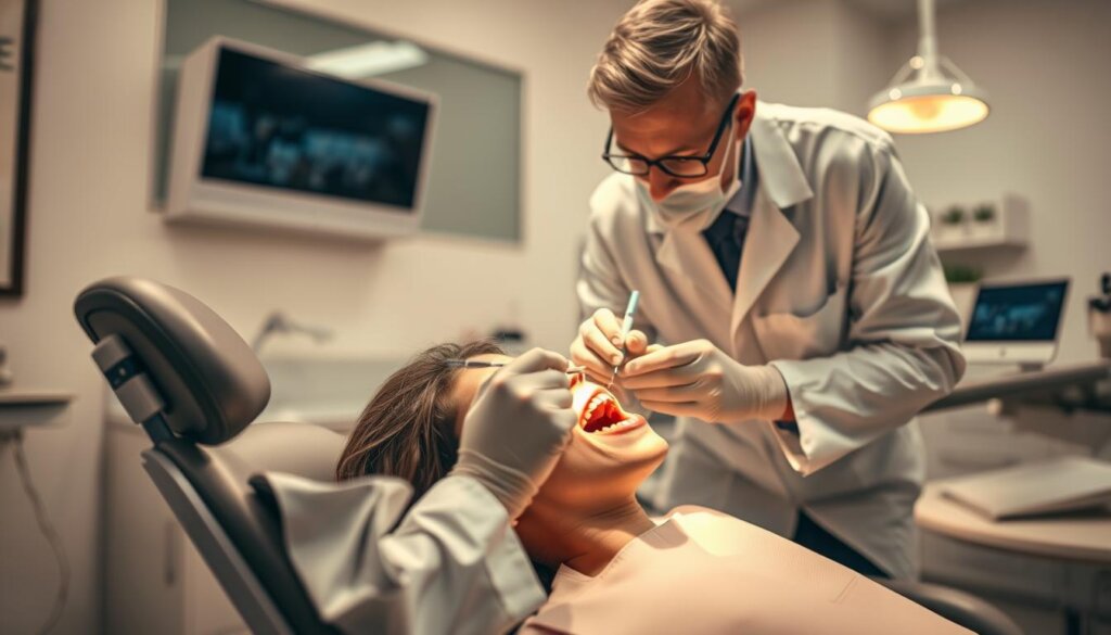 A professional dentist's office, softly lit with warm, inviting lighting. In the foreground, a patient sitting comfortably in a dental chair, their mouth open as the dentist examines their teeth with precision. The dentist, dressed in a crisp white coat, leans in with a calm, reassuring expression, using high-quality dental tools to provide expert care. In the background, a clean, modern workspace with state-of-the-art equipment, conveying a sense of professionalism and expertise. The atmosphere is one of trust, comfort, and the highest level of dental health and wellness.