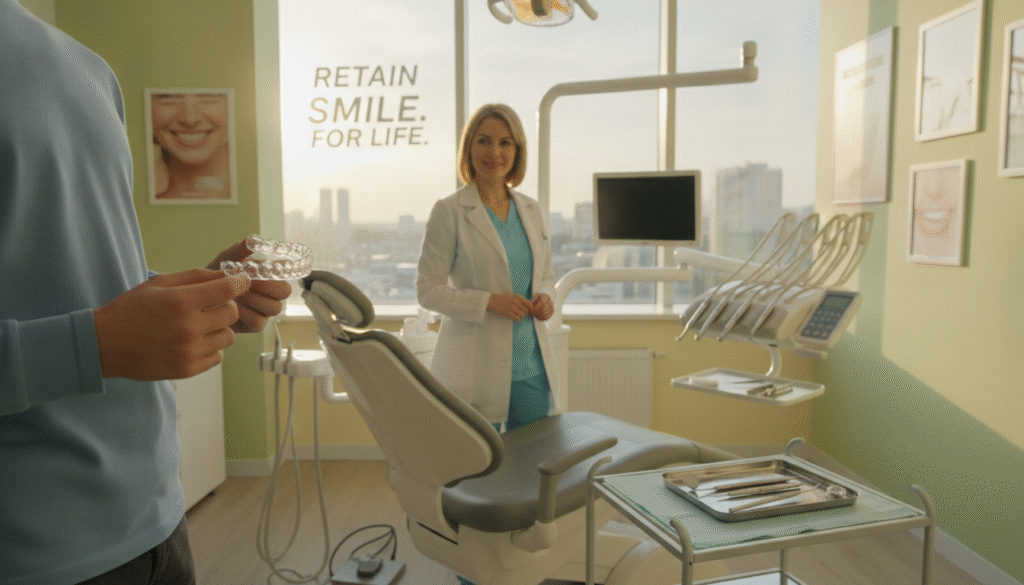 A professional orthodontist's office setting, with a smiling young adult in modest casual clothing examining a clear retainer in their hand, symbolizing the importance of retainers post-Invisalign. In the foreground, the retainer is prominently displayed, catching soft, natural light, emphasizing its clarity and form. In the middle ground, the orthodontist stands beside a sleek modern dental chair, with orthodontic tools neatly arranged. The background features bright, inviting colors, with a large window allowing sunlight to illuminate the space and create a warm atmosphere. The overall mood is educational and reassuring, conveying the significance of wearing retainers after treatment to maintain dental alignment. The scene captures a moment of reflection on dental care and the journey towards a confident smile. A professional orthodontist's office setting, with a smiling young adult in modest casual clothing examining a clear retainer in their hand, symbolizing the importance of retainers post-Invisalign. In the foreground, the retainer is prominently displayed, catching soft, natural light, emphasizing its clarity and form. In the middle ground, the orthodontist stands beside a sleek modern dental chair, with orthodontic tools neatly arranged. The background features bright, inviting colors, with a large window allowing sunlight to illuminate the space and create a warm atmosphere. The overall mood is educational and reassuring, conveying the significance of wearing retainers after treatment to maintain dental alignment. The scene captures a moment of reflection on dental care and the journey towards a confident smile.
