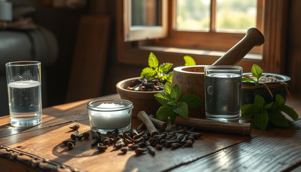 A rustic wooden table with an assortment of natural remedies for toothache relief, including a mortar and pestle, cloves, peppermint leaves, and a glass of warm salt water. The scene is illuminated by soft natural lighting, casting a soothing glow over the arrangement. In the background, a window frames a serene outdoor scene, suggesting a tranquil, homespun atmosphere. The overall composition evokes a sense of simplicity, comfort, and the healing power of nature.
