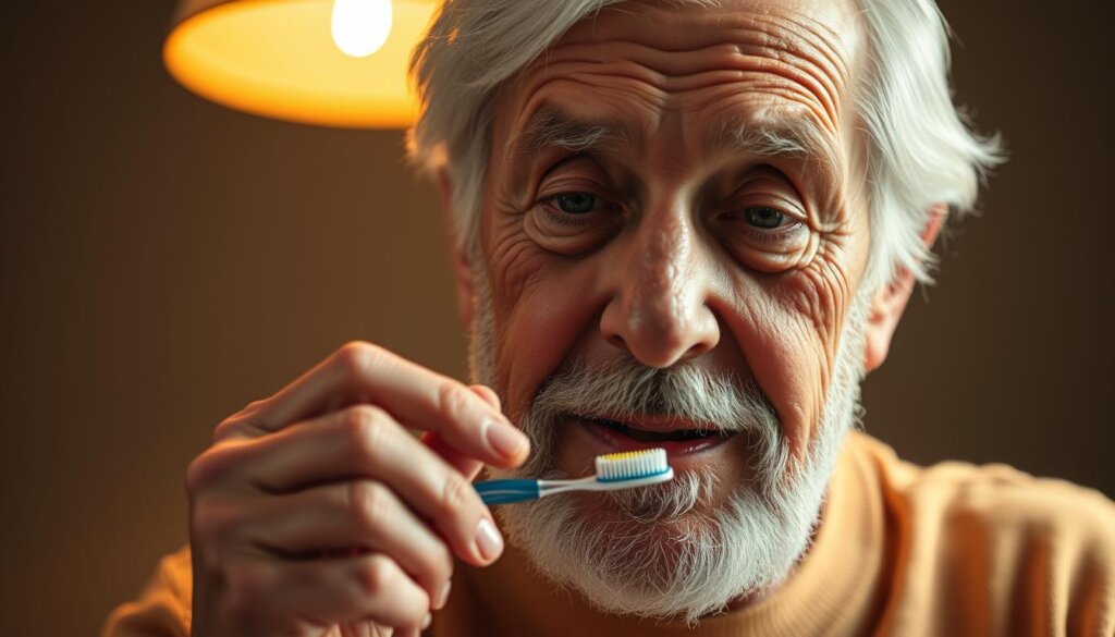 A senior person with white hair carefully holding a toothbrush, their hand steady and focused. The scene is lit by warm, soft lighting from an overhead lamp, casting a gentle glow on their face. The background is blurred, allowing the viewer to concentrate on the delicate task at hand. The expression on the person's face reflects the importance of proper dental care in their later years. The image conveys a sense of experience, wisdom, and the need for adapted brushing techniques as one ages.