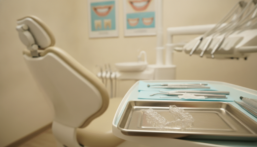A serene dental clinic setting showcases a close-up view of an Invisalign retainer placed elegantly on a sleek dental tray. In the foreground, the retainer glistens under soft, diffused lighting, highlighting its transparent design and smooth contours. The middle ground features a light-colored dental chair and meticulously organized dental tools, creating a professional atmosphere. In the background, a softly blurred view of a calming wall display with dental health posters contributes to the educational theme. The scene emits a sense of tranquility and professionalism, inviting the viewer to understand the importance of retainers after completing Invisalign treatment. A warm color palette enhances the inviting mood, while a shallow depth of field draws focus to the retainer for an impactful visual. A serene dental clinic setting showcases a close-up view of an Invisalign retainer placed elegantly on a sleek dental tray. In the foreground, the retainer glistens under soft, diffused lighting, highlighting its transparent design and smooth contours. The middle ground features a light-colored dental chair and meticulously organized dental tools, creating a professional atmosphere. In the background, a softly blurred view of a calming wall display with dental health posters contributes to the educational theme. The scene emits a sense of tranquility and professionalism, inviting the viewer to understand the importance of retainers after completing Invisalign treatment. A warm color palette enhances the inviting mood, while a shallow depth of field draws focus to the retainer for an impactful visual.