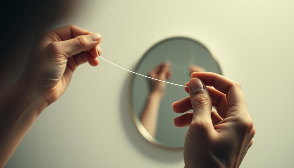 A serene, minimalist scene depicting the psychological importance of flossing. In the foreground, a pair of elegant, yet worn hands carefully hold a length of pristine dental floss, the motion conveying a sense of mindfulness and self-care. The middle ground features a mirror reflecting the hands, creating a sense of introspection. The background is a soft, muted gradient, allowing the focus to remain on the hands and the floss, representing the personal, private nature of this everyday ritual. The lighting is soft and diffused, creating a calming, contemplative atmosphere. The overall composition emphasizes the quiet, yet vital role flossing plays in one's well-being and mental health.