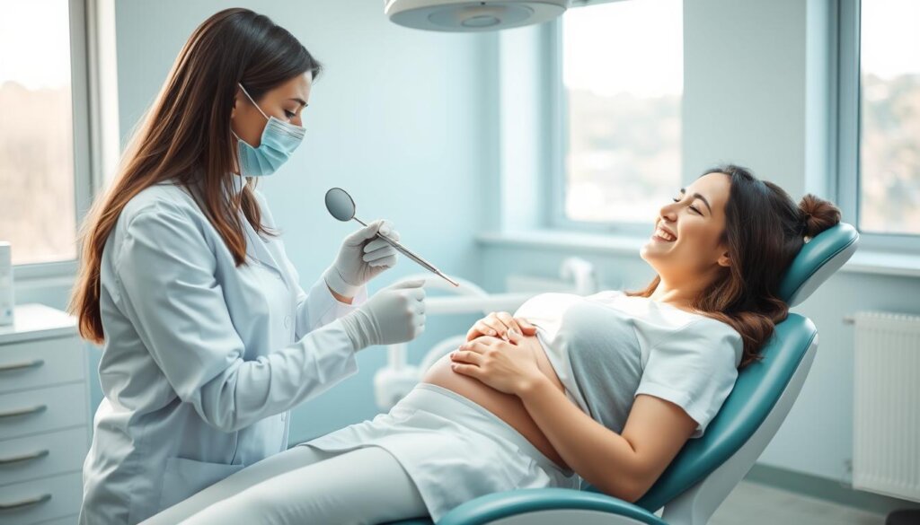 A serene, well-lit dental office with a pregnant woman reclining in the examination chair, her belly gently protruding. The dental hygienist, dressed in crisp white attire, gently examines the woman's teeth using a metal mirror and probe. The office is filled with the soothing hues of blue and green, creating a calming atmosphere. Soft natural light streams in through large windows, illuminating the scene. The woman's expression is one of trust and comfort, as the hygienist explains the importance of maintaining oral health during pregnancy. The overall mood conveys the safety and care inherent in this routine dental cleaning.