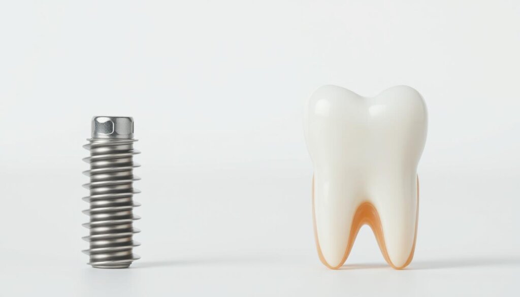 A side-by-side comparison of a dental implant and a false tooth, photographed against a clean, neutral background with soft, directional lighting. The dental implant is shown in the foreground, its titanium post and crown rendered in crisp detail. The false tooth occupies the middle ground, its porcelain or composite structure capturing the subtle variations in texture and sheen. The background is gently blurred, allowing the viewer to focus on the key structural differences between the two dental solutions.