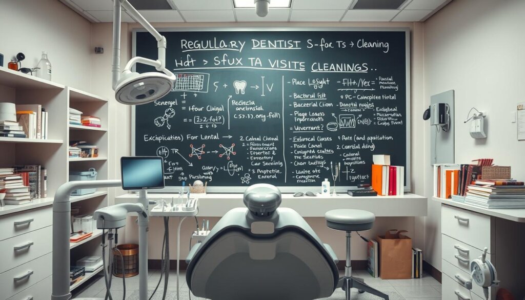 A sterile, well-lit laboratory setting with various scientific instruments and equipment. In the foreground, a dentist's chair and tools, including a dental mirror, probes, and a cleaning scaler. Behind it, a large chalkboard or whiteboard displaying diagrams, equations, and annotations explaining the scientific rationale for regular dental visits and cleanings, such as plaque accumulation, bacterial growth, and dental hygiene principles. Overhead, bright, diffused lighting illuminates the scene, creating a clinical, authoritative atmosphere. The background features bookshelves, medical reference texts, and other scientific paraphernalia, suggesting a research-oriented environment dedicated to understanding the evidence-based foundations of dental health practices.