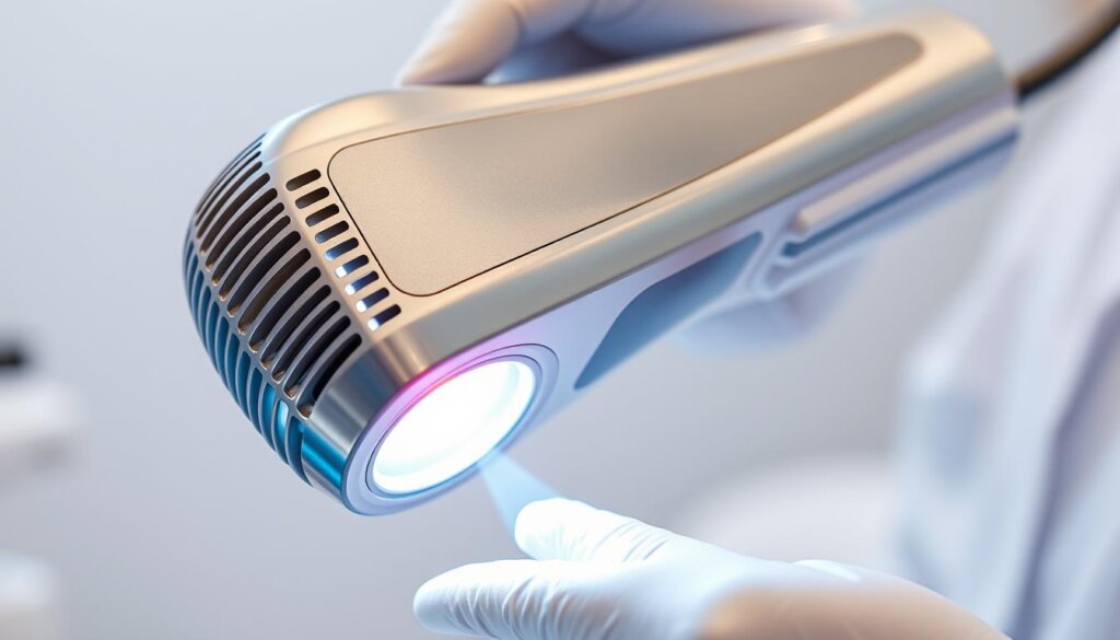 A vibrant LED curing light, its sleek metal body glistening under bright studio lighting. The head emits a powerful beam of cool-toned light, precisely focused to cure dental composite fillings. Intricate cooling fins line the sides, ensuring consistent heat dissipation. The ergonomic handle allows the dentist to comfortably maneuver the light, while a long, flexible cord provides ample reach. The clinical setting is sterile and pristine, with a sense of focused professionalism as the dentist carefully positions the light over the patient's tooth, ready to solidify the restorative composite material.