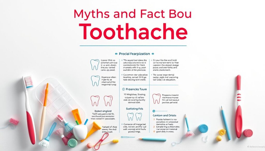 A vibrant and informative dental health infographic set against a crisp, clean background. The foreground features a striking display of dental icons, including toothbrushes, floss, and various tooth diagrams. The middle ground showcases a series of well-organized facts and statistics about dental hygiene, preventative care, and common oral health misconceptions. The background is subtly textured, with a soft gradient that draws the eye towards the central informational elements. Soft, directional lighting illuminates the scene, creating a sense of clarity and emphasis on the educational content. The overall mood is professional, educational, and visually engaging, perfectly suited to illustrate the "Myths and Facts About Toothaches" section of the article.