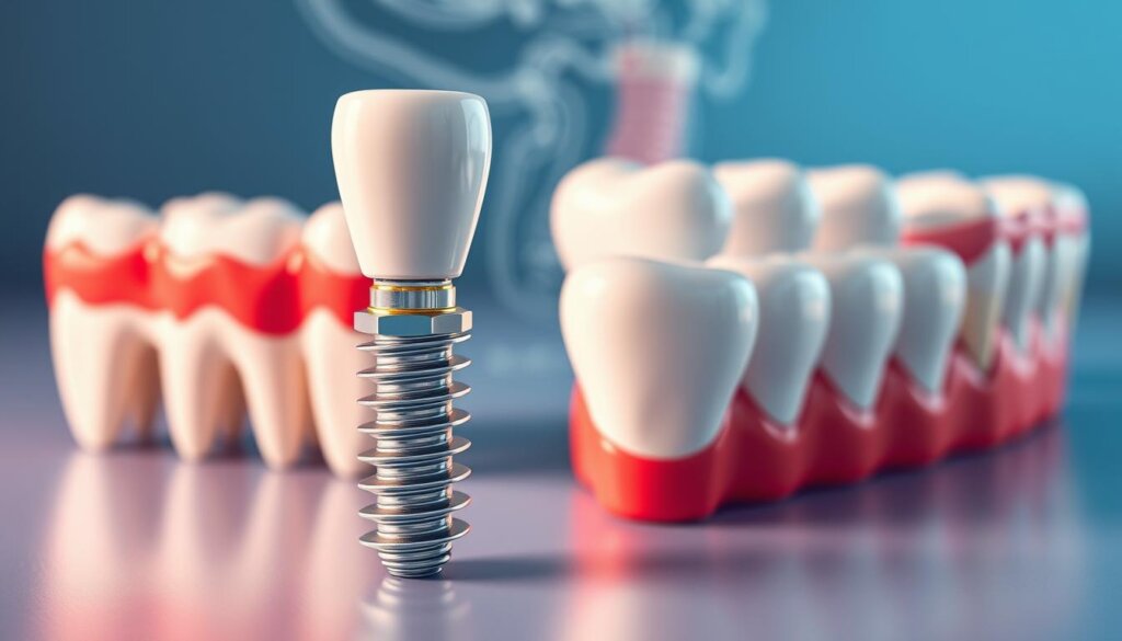 A vibrant and informative medical illustration depicting dental implants alongside conventional tooth replacement options. In the foreground, a high-detail 3D model of a dental implant, its titanium post and porcelain crown gleaming under crisp studio lighting. In the middle ground, a row of adjacent teeth representing bridges and dentures, each option subtly distinguished by material and design. The background features a soft-focus anatomical diagram of the jaw, highlighting the integration of the implant into the underlying bone structure. The overall scene conveys a sense of clinical precision and technical sophistication, inviting the viewer to thoughtfully compare the relative merits of these dental restoration treatments.