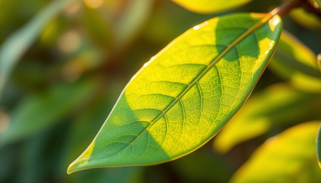 A vibrant, close-up shot of a fresh tea tree leaf, showcasing its intricate veins and glistening surface. In the background, a soft, blurred array of additional tea tree leaves, capturing the essence of the plant's natural habitat. Warm, diffused lighting casts a gentle glow, highlighting the leaf's delicate texture and the soothing, earthy tones of the foliage. The image conveys the calming, therapeutic nature of tea tree oil, evoking its potential benefits for soothing toothache discomfort.