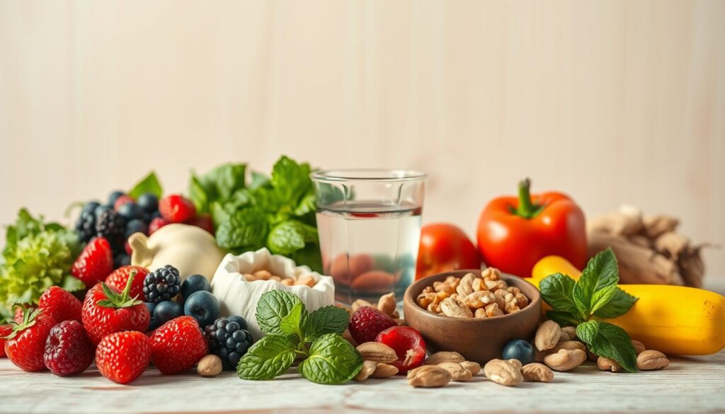 A vibrant still life composition showcasing a variety of fresh, natural ingredients essential for optimal oral health. In the foreground, ripe berries, crisp vegetables, and crunchy nuts are arranged artfully against a neutral backdrop. Soft, warm lighting illuminates the scene, highlighting the vivid colors and textures of the healthy, nutrient-dense foods. In the middle ground, a glass of water and a sprig of mint add a refreshing, hydrating element. The background features a minimalist, light-toned wooden surface, creating a clean, calming atmosphere. The overall mood is one of balance, nourishment, and a holistic approach to dental wellness.