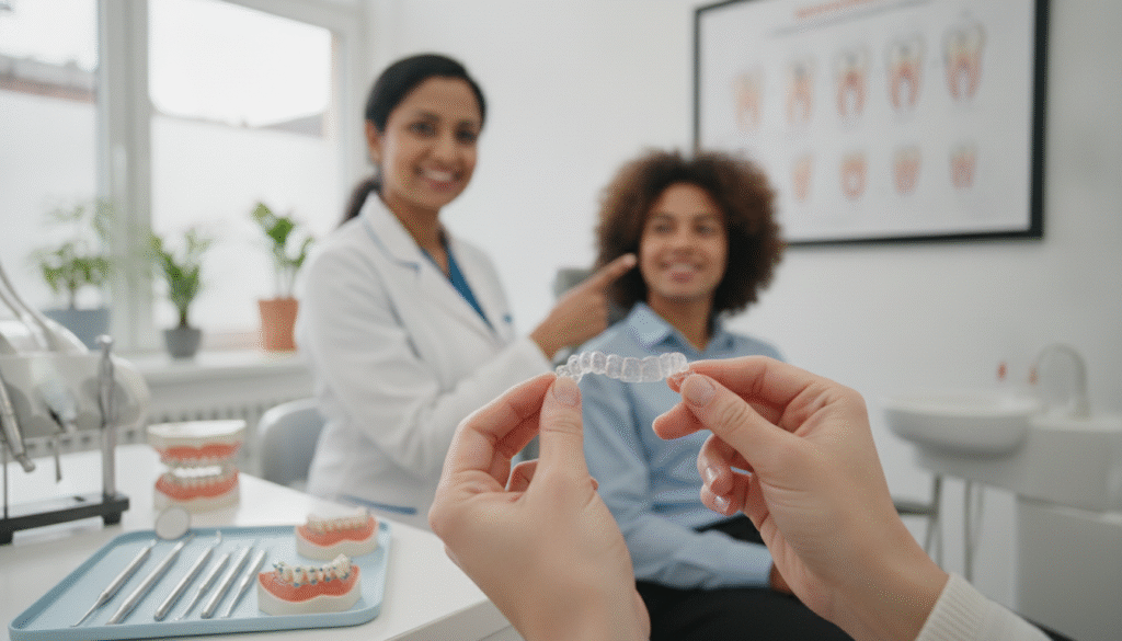 A visually striking and informative depiction of orthodontic treatment options, showcasing various appliances like clear aligners, traditional metal braces, and ceramic braces. In the foreground, a pair of hands gently hold a clear aligner, demonstrating its transparency and flexibility. The middle ground features a smiling, diverse professional wearing a lab coat, explaining treatment options to a patient in a dental office setting, complete with an orthodontic chart and dental tools in sight. The background includes a bright, softly lit examination room, enhancing the welcoming atmosphere. The composition is well-balanced, utilizing natural light to create a warm, inviting mood, conveying a sense of care and professionalism in orthodontic treatments. Make the focus sharp with a slight depth of field, emphasizing the alignment devices and the interaction between the orthodontist and patient. A visually striking and informative depiction of orthodontic treatment options, showcasing various appliances like clear aligners, traditional metal braces, and ceramic braces. In the foreground, a pair of hands gently hold a clear aligner, demonstrating its transparency and flexibility. The middle ground features a smiling, diverse professional wearing a lab coat, explaining treatment options to a patient in a dental office setting, complete with an orthodontic chart and dental tools in sight. The background includes a bright, softly lit examination room, enhancing the welcoming atmosphere. The composition is well-balanced, utilizing natural light to create a warm, inviting mood, conveying a sense of care and professionalism in orthodontic treatments. Make the focus sharp with a slight depth of field, emphasizing the alignment devices and the interaction between the orthodontist and patient.