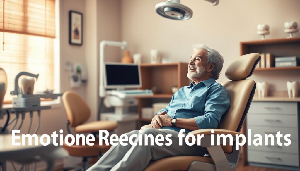 A warm, inviting dental clinic interior with a patient sitting comfortably in an examination chair, discussing dental implant options with a kind, attentive dentist. Soft, diffused lighting creates a calming atmosphere, while the dentist's empathetic expression and body language convey professionalism and emotional support. The scene exudes a sense of trust and collaboration, reflecting the "Emotional Readiness for Implants" theme. Detailed dental equipment and models in the background provide context without distracting from the central interaction.