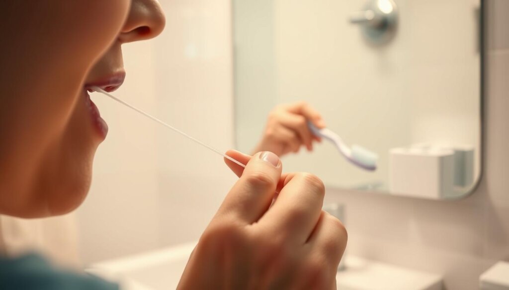 A well-lit bathroom scene, showcasing the proper technique for flossing and brushing teeth. In the foreground, a close-up of a person's hands delicately maneuvering dental floss between their teeth, removing plaque and debris. In the middle ground, the person brushes their teeth with a soft-bristled toothbrush, using gentle circular motions. The background features a clean, modern sink and mirror, reflecting the importance of maintaining good oral hygiene. The lighting is soft and warm, creating a calming atmosphere that emphasizes the importance of this daily routine. The overall composition is balanced and visually appealing, highlighting the key steps in achieving optimal dental health.