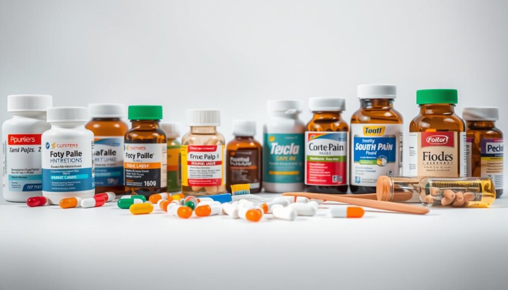 A well-lit, close-up composition showcasing various over-the-counter pain relief medications against a clean, minimalist background. The foreground features an assortment of pill bottles, capsules, and tablets in different shapes and colors, arranged in a visually appealing manner to highlight their distinguishing features. The middle ground includes a few medical instruments, such as a toothbrush and dental floss, to emphasize the focus on tooth pain relief. The background is a soft, neutral color that allows the pain relief products to take center stage. The overall mood is clinical yet approachable, inviting the viewer to compare the different options for effective tooth pain relief.