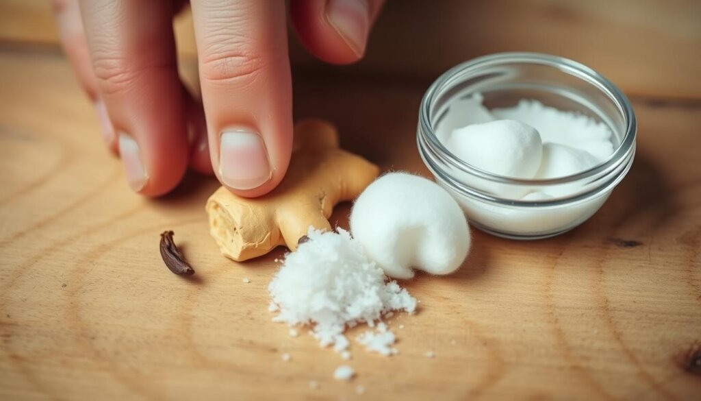 A well-lit close-up of a person's hand holding various natural toothache remedies, including a clove, a piece of ginger, and a cotton ball soaked in saltwater, arranged neatly on a wooden surface. The hand is gently pressing the remedies, conveying a sense of care and attention. The image has a warm, earthy tone, creating a soothing and comforting atmosphere, reflecting the homemade, natural approach to temporary toothache relief.