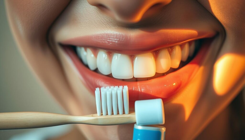 A well-lit, close-up view of a person's mouth, showcasing healthy, vibrant teeth and gums. The scene is bathed in warm, natural lighting, creating a serene and inviting atmosphere. In the middle ground, a toothbrush and toothpaste tube are prominently displayed, emphasizing the importance of daily oral care routines. The background features a blurred, soothing gradient, drawing the viewer's attention to the central oral hygiene elements. The overall composition conveys a sense of wellness, cleanliness, and the pivotal role of proper dental hygiene in maintaining a healthy, radiant smile.