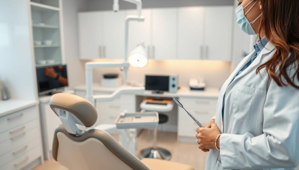A well-lit dental clinic interior, with a comfortable dental chair in the foreground. A dental hygienist in a white lab coat stands next to the chair, holding professional tools like a mirror and scaler. In the middle ground, a tray of dental instruments and a high-powered suction device. The background features clean, modern cabinetry and equipment, conveying a sterile, clinical atmosphere. Soft, diffused lighting illuminates the scene, creating a sense of warmth and professionalism. The overall mood is one of attentive care and thorough, meticulous dental cleaning.