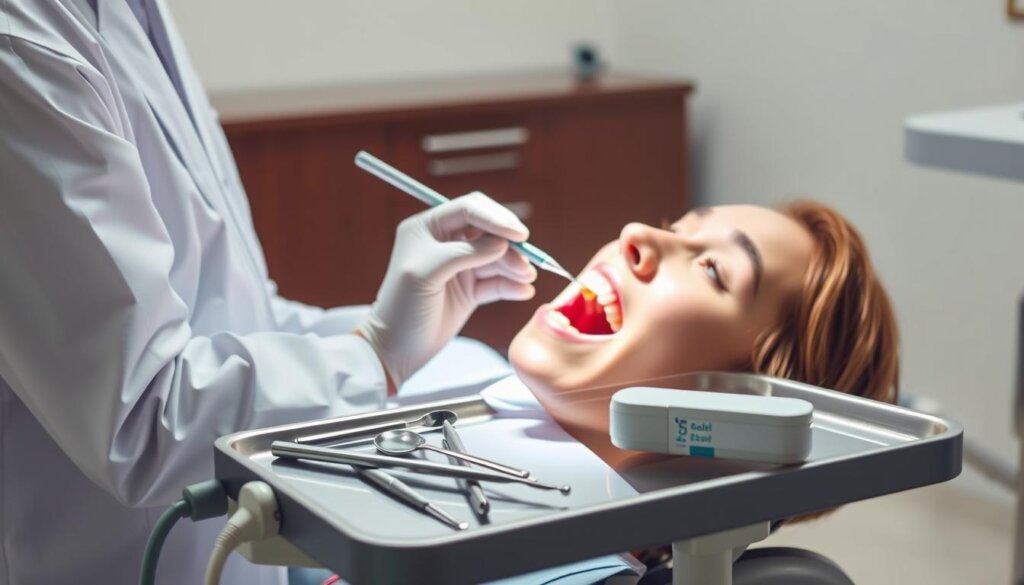 A well-lit dental clinic interior, with a patient reclined in a chair. On a tray nearby, a dentist's tools are neatly arranged: dental mirror, explorer, and a composite filling material. The dentist, wearing a white coat and gloves, is carefully examining the patient's teeth, preparing the area for a composite filling. The patient's mouth is open, and the dentist is using a dental probe to assess the extent of the cavity. The room is clean and sterile, with a sense of professionalism and care. The lighting is bright, casting a warm glow over the scene, creating a calming and reassuring atmosphere.